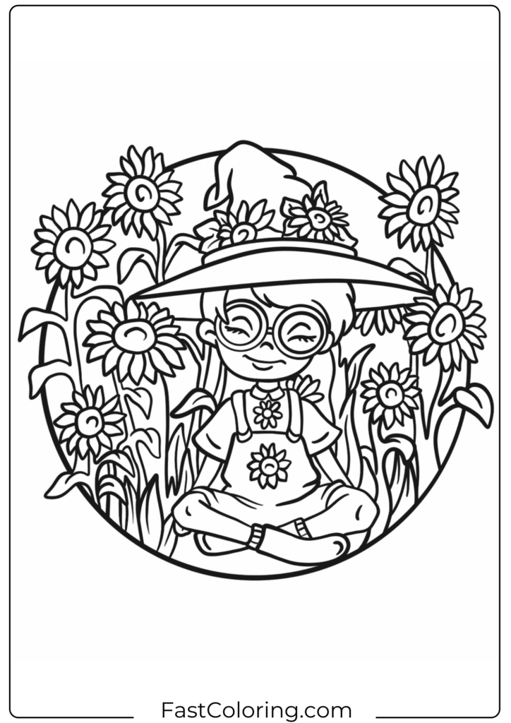 Nerdy Girl With Witch Hat Surrounded By Sunflowers Coloring Sheet For Kids