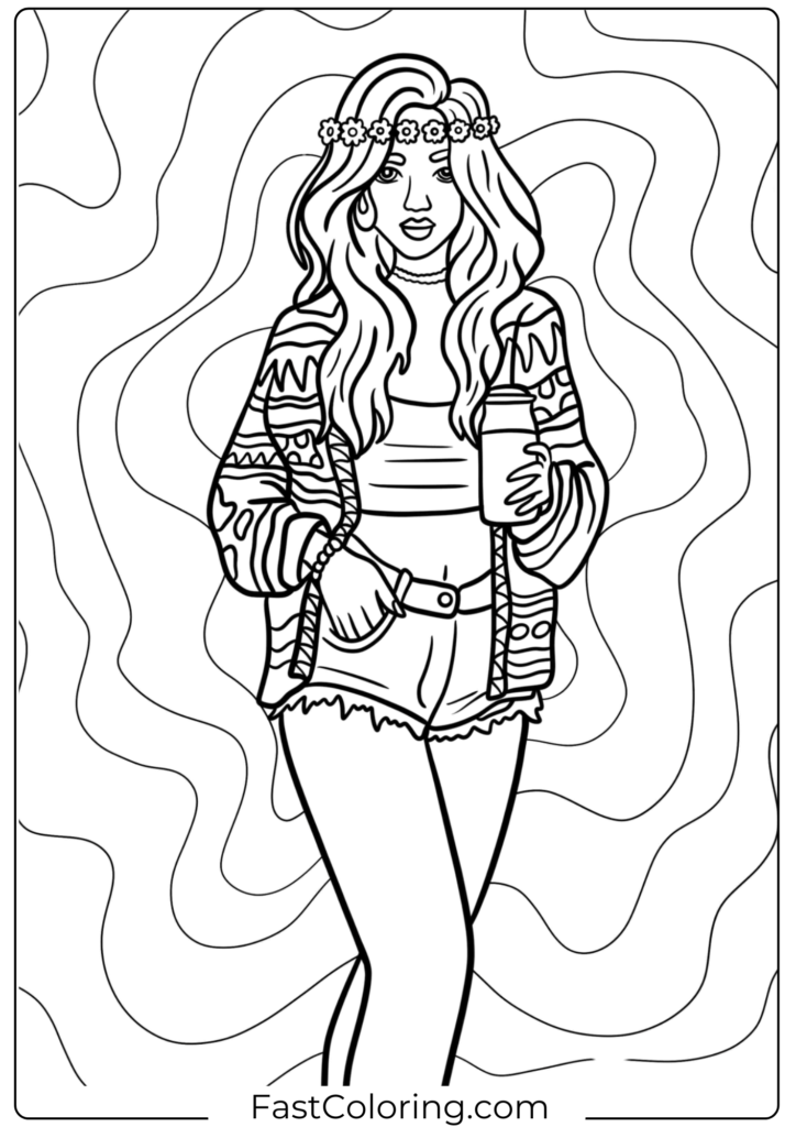 Pretty Hippie Woman Holding A Beverage Coloring Sheet