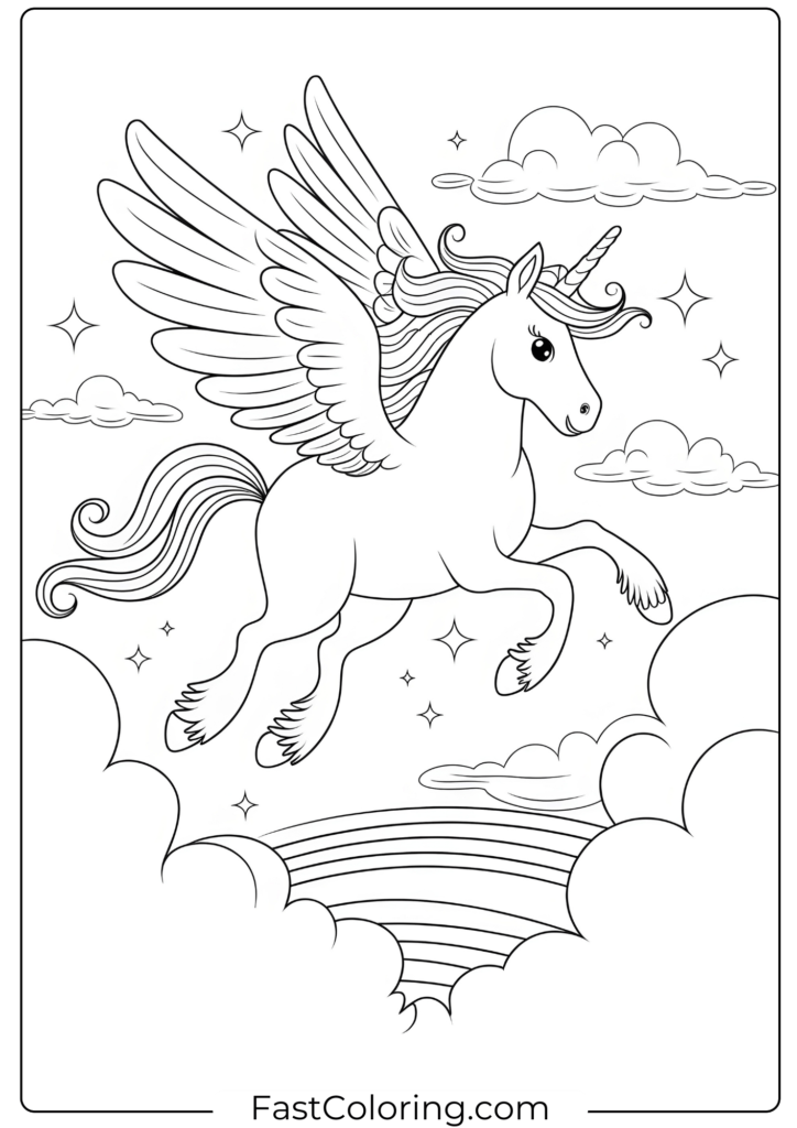 Unicorn Flying Over the Clouds