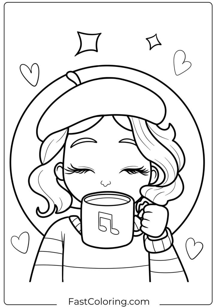 Woman Wearing Beret Drinking Coffee Coloring Page For Kids