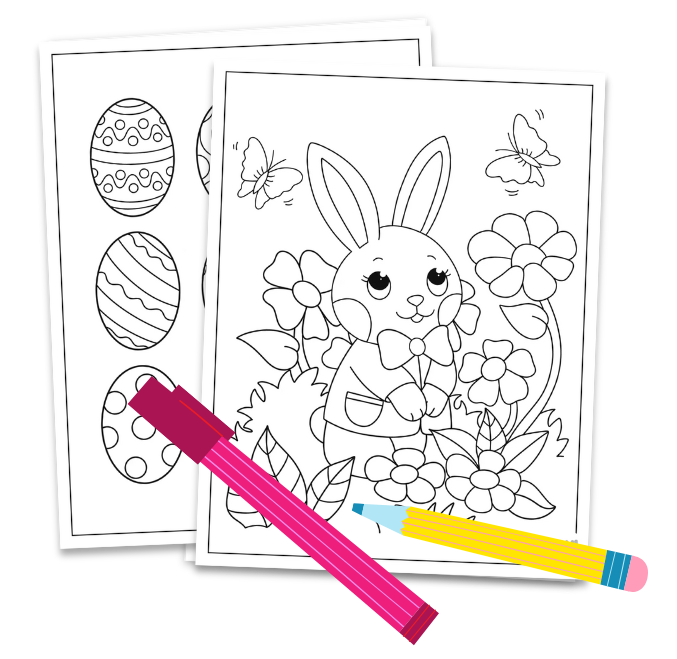 coloring pages of a bunny with eggs and flowers